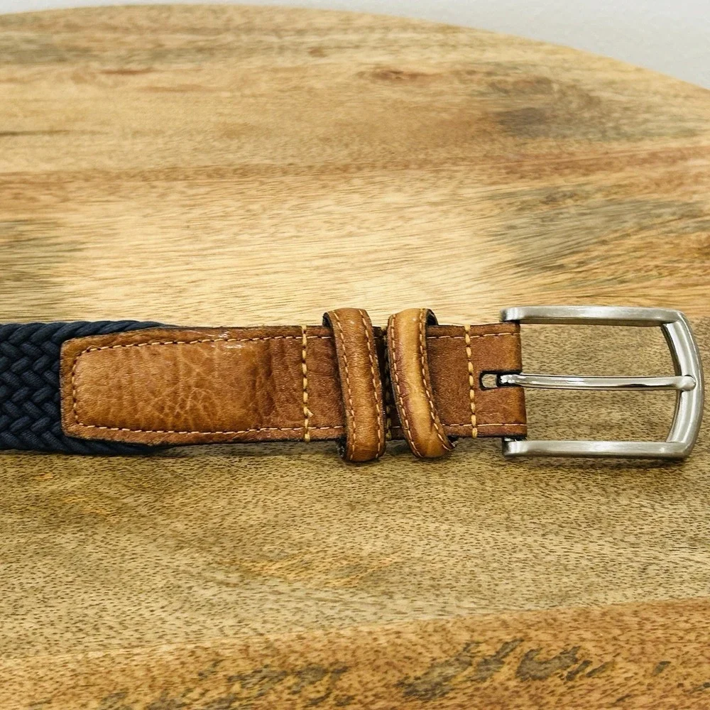 Torino Blue Braided Stretch Elastic Leather Belt Mens 34 Fits 32-36